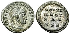 Constantinus I AE Nummus, Thessalonica Constantinus I 'the Great' (306-337 AD). Silvered AE Nummus (19-20 mm, 2.86 g), Thessalonica, 318-319. Obv. IMP CONSTANTINVS P F AVG, Laureate, helmeted and cuir