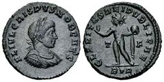 Crispus Caesar AE Nummus, Trier Constantinus I 'the Great' (306-337 AD) for Crispus Caesar. AE Nummus (18 mm, 3.18 g), Trier, 2nd officina, 317. Obv. FL IVL CRISPVS NOB CAES, Laureate, draped, and cui