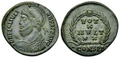 Iulianus II AE Nummus, Vota reverse Iulianus II Apostata (355-363 AD). AE Nummus (20-21 mm, 3.52 g), Constantinopolis, 361-363. Obv. D N FL CL IVLIANVS P F AVG, Helmeted, diademed and cuirassed bust t