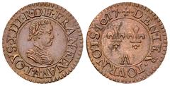 Louis XIII, CU Denier tournois 1617 A, Paris Louis XIII. CU Denier tournois 1617 A (17 mm, 2.15 g), Paris. Av. LOYS. XIII. R. DE. FRAN. ET. NAV., Buste enfantin du Roi à droite, lauré et cuirassé, ave