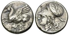 Corinth AR Stater, c. 375-300 BC Corinthia, Corinth. AR Stater (20 mm, 8.30 g), c. 375-300 BC. Obv. Pegasos flying left, Ϙ below. Rev. Head of Athena to left, wearing laureate Corinthian helmet; [belo