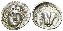 Rhodos AR Didrachm, c. 250-230 BC Islands off Caria, Rhodos. AR Didrachm (20-21 mm, 6.41 g), c. 250-230 BC. Timotheos, magistrate. Obv. Radiate head of Helios facing, slightly inclined to right. Rev. 