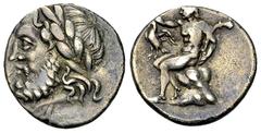 Megalopolis AR Triobol, 175-168 BC Arcadia, Megalopolis. AR Triobol (15 mm, 2.41 g), 175-168 BC. Obv:.Laureate head of Zeus to left. Rev. Pan seated left on rock, raising his right hand above eagle st