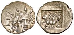 Greek Islands off Caria, Rhodos. Rhodes. 125-88 B.C. AR hemidrachm (13.1 mm, 1.01 g, 11 h). "Plinthophoric" AR coinage. "Mahs", magistrate. anepigraphic, Radiate head of Helios facing, 3/4 right / / M