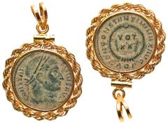 Exonumia Coin Jewelry. Handmade 12K gold pendant, Roman Imperial. Constantine I "The Great". A handmade 12K gold fitted pendant, looped for suspension, housing a bronze coin of Constantine the Great (