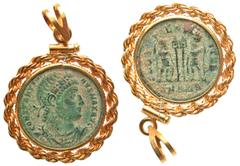 Exonumia Coin Jewelry. Handmade 12K gold pendant, Roman Imperial. Constantine I "The Great". A handmade 12K gold fitted pendant, looped for suspension, housing a bronze coin of Constantine the Great (