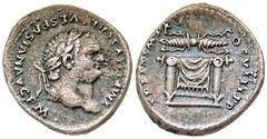 Roman Imperial Titus. A.D. 79-81. AR denarius (18.1 mm, 3.17 g, 7 h). Mint of Rome, Struck A.D. 80. IMP TITVS CAES VESPASIAN AVG P M (ccw), laureate head of Titus right / TR P IX IMP XV COS VIII P P (