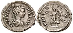 Roman Imperial Caracalla. A.D. 198-217. AR denarius (20.0 mm, 2.37 g, 12 h). Rome mint, struck A.D. 201-206. ANTONINVS PIVS AVG, laureate, draped, and cuirassed bust right / VICT PART MA[X], Victory a