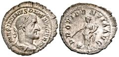 Roman Imperial Maximinus I Thrax. A.D. 235-238. AR denarius (22.62 mm, 6.78 g, 2 h). IMP MAXIMINVS PIVS AVG, Laureate and draped bust of Maximinus I Thrax right / PROVIDENTIA AVG, Providentia standing