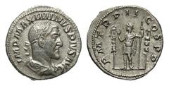 MAXIMINUS I THRAX, 235-238 AD. AR Denarius (2.83 gm). Laureate draped bust / Maximinus standing holding spear between two standards. RIC.3. aXF. [Est. $250.]