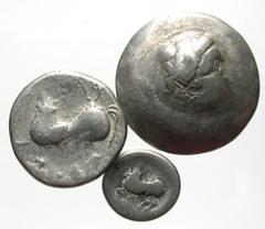 Lot of 3 Celtic Silver Coins. Two Macedonian imitation tetradrachms, one British imitation drachm, Low grade. All group lots are sold as-is, returns not accepted. The coins shown are the exact coins