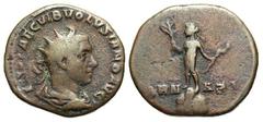 Volusian. A.D. 251-253. Æ medallion (25.2 mm, 10.63 g, 11 h). Rome mint. IMP CAE C VIB VOLVSIANO AVG, radiate, draped, and cuirassed bust right / ARN-AZI, Apollo Arnasius standing on a mountain, holdi