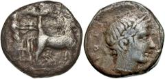 Sicily, Katane. Ca. 435-412 B.C. AR tetradrachm (24 mm, 15.16 g, 7 h). Reverse die signed by the 'Maestro della foglia'. Charioteer driving slow quadriga right; above, Nike flying right, crowning hors