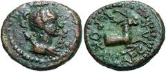 Lydia, Hierocaesarea. Civic Issue. 2nd century A.D. Æ 17 (17 mm, 3.42 g, 12 h). Draped bust of Artemis right, bow at back, quiver and arrow at breast / IЄPOKAICAPЄ-ΩN, forepart of stag right. SNG Cope