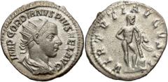 Gordian III. A.D. 238-244. AR antoninianus (22 mm, 3.89 g, 1 h). Rome mint, Struck A.D. 240-243. IMP GORDIANVS PIVS FEL AVG, radiate, draped, and cuirassed bust right / VIRTVTI AVGVSTI, Hercules stand