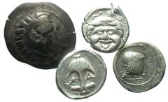 Lot of four Greek AR. Includes: Celtic. Imitating Alexander III-Philip III. AR drachm // Thrace, Apollonia Pontika. AR drachm // Mysia, Parion. AR drachm // Arabia. Himyarite. AR unit. aVF-VF, the Par