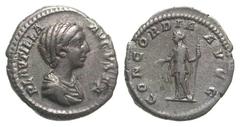 Plautilla, wife of Caracalla. AD 202-205. AR denarius (18.9 mm, 3.07 g, 1 h). Rome mint, Struck A.D. 202-203. PLAVTILLA AVGVSTA, draped bust right / CONCORDIA AVGG, Caracalla standing left, holding pa