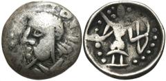Dahae of Khwarazmia. 'Hyrkodes'. Late 1st century B.C. AR hemidrachm (15 mm, 1.67 g, 12 h). Head left / Warrior standing facing, holding bow. Cf. Rtveladze 34 (obol); Zeimal pl. XXII, 8-9; MACW 349. N