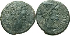 Octavian, with Divus Julius Caesar. 38 B.C. Æ sestertius or dupondius (28 mm, 11.57 g, 11 h). Contemporary cast imitation. Copying South Italian mint. [CAESAR] DIVI F, bare head of Octavian right / DI