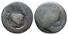 SICILY, Akragas. 406-400 BC. AE27 Hemilitron (18.03 gm). c/m of Head of Herakles in lion-skin on flattened earlier coin. Original coin: Eagle devouring rabbit; / Crab. SNG.ANS.1077 (coin: SNG.ANS.1028