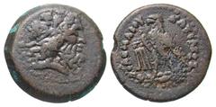 Ptolemaic Kingdom. Ptolemy III Euergetes. 246-222 B.C. Æ 17 (17.1 mm, 3.60 g, 11 h). Uncertain mint in southwestern Asia Minor. Diademed head of Zeus-Ammon right / ΒΑΣΙΛΕΩΣ ΠΤΟΛΕΜΑΙΟΥ, eagle standing 