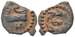 Judaea, Herodian Dynasty. Herod Archelaus. 4 B.C.E.-6 C.E. Æ 1/2 prutah (14.9 mm, 0.76 g, 12 h). Jerusalem mint. HPW, prow of galley right / EΘN, legend within wreath. Hendin 1197; Meshorer TJC 72; RP
