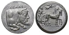 Sicily, Gela. 480-470 B.C. PB tetradrachm (26.4 mm, 16.86 g, 6 h). BIFACE LEAD / ROSA OFF-METAL TRIAL STRIKE. ΓEΛAΣ, forpart of man-headed bull right / Charioteer driving biga right, Nike flying right