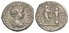 Geta. As Caesar, A.D. 198-209. AR denarius (18.9 mm, 3.60 g, 11 h). Rome mint, Struck A.D. 201. P SEPT GETA CAES PONT, bare-headed, draped and cuirassed bust right / PRINC IVVENTVTIS, Geta standing le