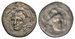 Sicily, Syracuse. Second Democracy. 466-405 B.C. Tin tetradrachm (27.0 mm, 4.19 g). UNIFACE TIN ROSA OFF-METAL TRIAL STRIKE. Uniface / EYKΛEIΔA, ΣYPAKΩΣIΩN, Head of Athena, facing slightly left, weari