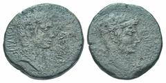 Octavian, with Divus Julius Caesar. 38 B.C. AE sestertius or dupondius (31.4 mm, 20.81 g, 4 h). South Italian mint. CAESAR DIVI F, bare head of Octavian right / DIVOS [IVLIVS], wreathed head of Julius