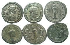 [Roman Imperial]. Lot of 6 Antoninianii. Probus (4): Restitutor, Pax, Felicitas, emperor on horseback // Carinus, Clementia // Diocletian, Jupiter. F-VF. All group lots are sold as-is, returns not acc