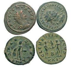 [Roman Imperial]. Lot of 4 Radiate Coins. Gallienus, Jupiter // Gallienus, Apollo // Carinus, Clementia // Diocletian, Victory. VF. All group lots are sold as-is, returns not accepted. The coins shown