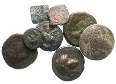 [Mixed Periods]. Lot of 8 Ancient Coins. Tarsus stater, Seleukid tetradrachm, Seleukid lead tetradrachm, 2 Bahri Mamluks, Claudius from Leucas, 2 Characene tetradrachms. F-VF. All group lots are sold 