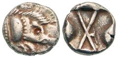 LYCIA. Pre-Dynastic issue, 520-470 BC. AR Sixth Stater (1.43 gm). Forepart of boar left / Incuse square, three sides with lugs, large X at center. Falghera.20v (denom). SNG.vAul.4051v. Toned VF+. Rare