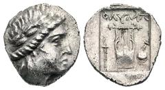 LYCIA. Lycian League, Phaselis. 167-88 BC. AR Hemidrachm (2.08 gm). Laureate head of Apollo / Lyre in shallow incuse square, sword behind shield and torch on either side. Troxell.51. Toned aXF.