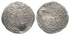 Hephthalites, Nezak Huns. Vakhu Deva. Ca. 720 A.D.. AR drachm (32.0 mm, 3.52 g, 8 h). Mint in Zabulistan or Seistan. Crowned Sasanian-style bust right, with lion's head between the wings; Brahmi legen