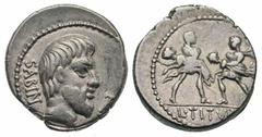 L. Titurius L.f. Sabinus. 89 B.C. AR denarius (18.6 mm, 3.79 g, 6 h). Rome mint. SABIN, Bare head of Tatius right; TA monogram to right of chin / L·TITVRI, two soldiers, facing each other, each carryi