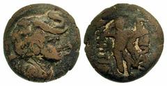 Graeco-Baktrian Kingdom. Demetrios I. Ca. 200-185 B.C. Clay tetradrachm (26.1 mm, 3.93 g, 11 h). Draped bust right, wearing elephant skin headdress / BAΣIΛEΩΣ ΔHMHTPIOY, Herakles standing facing, crow