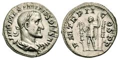 MAXIMINUS I THRAX, 235-238 AD. AR Denarius (2.93 gm). Laureate draped bust / Maximinus standing holding spear between two standards. RIC.3. Toned aXF.