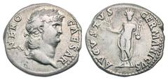 Nero. A.D. 54-68. AR denarius (18.7 mm, 3.13 g, 6 h). Rome mint, struck A.D. 64-65. NERO CAESAR, laureate head right / AVGVSTVS GERMANICVS, Nero standing facing, radiate and togate, holding branch in 