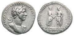 Hadrian. A.D. 117-138. AR denarius (18.2 mm, 2.94 g, 7 h). Rome mint, struck A.D. 117. IMP CAES TRAIAN HADRIANO OPT AVG GER DAC, laureate, draped, and cuirassed bust right / PARTHIC DIVI TRAIAN AVG F 
