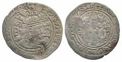 Hephthalites, Nezak Huns. Vakhu Deva. Ca. 720 A.D.. AR drachm (31.9 mm, 3.11 g, 9 h). Mint in Zabulistan or Seistan. Crowned Sasanian-style bust right, with lion's head between the wings; Brahmi legen