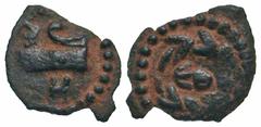 Judaea, Herodian Dynasty. Herod Archelaus. 4 B.C.E.-6 C.E. AE 1/2 prutah (14.9 mm, 0.76 g, 12 h). Jerusalem mint. HPW, prow of galley right / EΘN, legend within wreath. Hendin 1197; Meshorer TJC 72; R