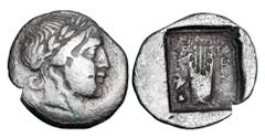 LYCIA, Lycian League, Masicytos. After 168 BC. AR Hemidrachm (1.45 gm). Laureate head of Apollo / Lyre in shallow incuse square. Tr.93. Toned Fine+.