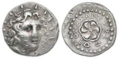 Islands off Caria, Rhodos. Rhodes. Ca. 40 B.C.-A.D. 25 AR drachm (19.2 mm, 4.78 g, 8 h). Post-Plinthophoric coinage. Onasandros, magistrate. Radiate head of Helios facing slightly right / ONAΣANΔPOΣ