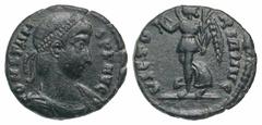 Constans. A.D. 337-350. AE 4 (14.2 mm, 1.14 g, 6 h). Rome mint, struck A.D. 337-340. Rare. CONSTANS P F AVG, pearl-diademed, draped, and cuirassed bust right / VICTORIA AVG, Victory advancing left, ho