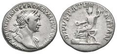 Trajan. A.D. 98-117. AR denarius (18.7 mm, 3.28 g, 7 h). Rome mint, struck A.D. 116-17. IMP TRAIANVS AVG GER DAC P M TR P COS VI P P, laureate head right, draped left shoulder / DIVVS PATER TRAIAN, Tr