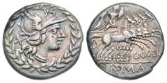 Cn. Gellius. 138 B.C. AR denarius (18.3 mm, 3.79 g, 4 h). Rome mint. Helmeted head of Roma right; X behind; all within laurel wreath / CN·GEL / ROMA, Mars driving galloping quadriga right, holding shi