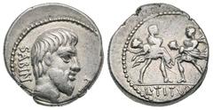 L. Titurius L.f. Sabinus. 89 B.C. AR denarius (18.6 mm, 3.79 g, 6 h). Rome mint. SABIN, Bare head of Tatius right; TA monogram to right of chin / L·TITVRI, two soldiers, facing each other, each carryi