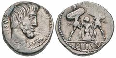 L. Titurius L.f. Sabinus. 89 B.C. AR denarius (18.0 mm, 3.85 g, 3 h). Rome mint. SABIN, Bare head of Tatius right; palm below chin / L·TITVRI, Tarpeia buried to her waist in shields, two soldiers with